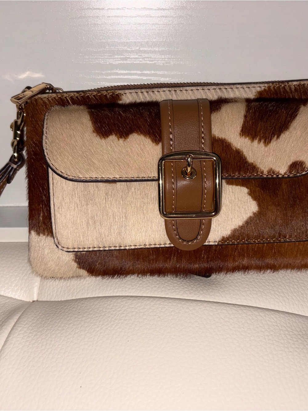 NWT Coach Brown and Cream Cowhide Wristlet Clutch with Buckle